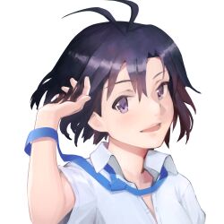 Rule 34 | 1girl, absurdres, adjusting hair, antenna hair, black hair, blue necktie, close-up, collared shirt, commentary, dress shirt, floating neckwear, hair between eyes, hand up, highres, idolmaster, idolmaster (classic), kikuchi makoto, looking at viewer, loose necktie, meiax, messy hair, necktie, parted lips, partially unbuttoned, portrait, purple eyes, school uniform, shirt, short hair, short sleeves, simple background, smile, solo, teeth, uniform, upper teeth only, white background, white shirt
