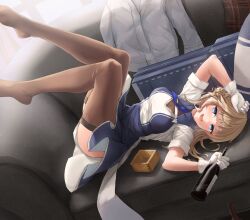 Rule 34 | 1girl, blue eyes, blue necktie, blush, bottle, braid, braided bun, breasts, brown hair, brown thighhighs, couch, dress, flight deck, gloves, hair bun, highres, holding, holding bottle, k jie, kantai collection, light brown hair, long hair, looking at viewer, lying, medium breasts, necktie, on couch, open mouth, ranger (kancolle), setsubun, shirt, side braids, single side bun, smile, solo, thighhighs, two-tone dress, white gloves, white shirt, wine bottle