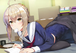 Rule 34 | 1girl, ahoge, amazon (company), artoria pendragon (fate), blonde hair, blue shirt, blue skirt, book, book stack, braid, breasts, commentary request, cup, fate/grand order, fate (series), food, french braid, hair between eyes, indoors, kotatsu, long sleeves, looking at viewer, medium breasts, mouth hold, mysterious heroine x alter (fate), mysterious heroine x alter (first ascension) (fate), neckerchief, nonderi, open book, plate, pleated skirt, school uniform, serafuku, shirt, sidelocks, skirt, solo, table, yellow eyes