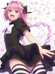 Rule 34 | 1boy, :d, alternate costume, astolfo (apocrypha epilogue) (fate), astolfo (fate), bad id, bad pixiv id, black bow, black dress, black skirt, blush, bow, braid, dress, fang, fate/apocrypha, fate/grand order, fate (series), from behind, hair intakes, highres, long braid, long hair, looking at viewer, looking back, male focus, miniskirt, multicolored hair, official alternate costume, open mouth, pink hair, purple eyes, ramchi, short sleeves, single braid, skirt, smile, streaked hair, striped clothes, striped legwear, striped thighhighs, thighhighs, thighs, trap, very long hair, white bow, zettai ryouiki