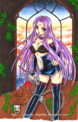 Rule 34 | 00s, 1girl, blood, bra, breasts, chain, fate/stay night, fate (series), large breasts, lingerie, long hair, medusa (fate), medusa (rider) (fate), midriff, purple hair, red eyes, see-through, solo, torn clothes, traditional media, underwear, very long hair