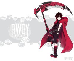 Rule 34 | 1boy, boots, cape, gender request, genderswap, male focus, red hair, ruby rose, rwby, scythe, short hair, solo, weapon