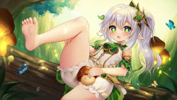 Rule 34 | 1girl, bloomers, branch, clothes lift, dress, dress lift, fang, feet, gavin007, genshin impact, green eyes, highres, in tree, knee up, leg up, legs, lifting own clothes, long hair, mushroom, nahida (genshin impact), open mouth, outdoors, pointy ears, ponytail, short dress, sitting, sleeveless, sleeveless dress, soles, solo, thighs, toes, tree, underwear, white bloomers, white dress, white hair