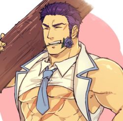Rule 34 | 1boy, abs, bara, fate/grand order, fate (series), fergus mac roich (fate), flower, flower in mouth, hand on own hip, male focus, muscular, necktie, open clothes, pectorals, purple flower, purple hair, scar, simple background, smile, solo, teeth, yamanome