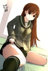 Rule 34 | 10s, 1girl, brown hair, clothes lift, commentary, earrings, empty eyes, jewelry, kantai collection, looking at viewer, momo (higanbana and girl), ooi (kancolle), panties, pleated skirt, school uniform, serafuku, side-tie panties, skirt, skirt lift, smile, solo, tatami, underwear, untied panties, upskirt, white background, white panties
