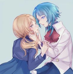 Rule 34 | 2girls, aizawa kazuha, aqua background, assault lily, asymmetrical hair, azamino (lbkamaboko), blood, blood on face, blue eyes, blue hair, blue skirt, bow, bowtie, buttons, closed mouth, collared shirt, commentary, cuts, face-to-face, frilled skirt, frills, from side, grey eyes, hair ornament, hand in another&#039;s hair, hand on another&#039;s arm, hand on another&#039;s cheek, hand on another&#039;s chin, hand on another&#039;s face, hand up, hands up, herensuge girls academy school uniform, high-waist skirt, high collar, highres, iijima renka, injury, jacket, light brown hair, long hair, long sleeves, looking at another, looking away, looking to the side, low ponytail, medium hair, miniskirt, multiple girls, no pupils, parted lips, profile, purple shirt, red bow, red bowtie, school uniform, shirt, side ponytail, sideways glance, simple background, skirt, standing, star (symbol), star hair ornament, swept bangs, white jacket, yuri
