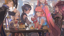 Rule 34 | 3boys, 3girls, antenna hair, arm tattoo, black hair, black headwear, blonde hair, blue eyes, blueberry, braid, braided ponytail, brown headwear, chair, character request, cup, eating, elbow gloves, closed eyes, food, fork, frilled sleeves, frills, fruit, gloves, grey hair, hair over shoulder, hand up, hat, holding, holding cup, holding fork, hood, hood down, lilim (megido72), long hair, megido72, multiple boys, multiple girls, open mouth, pancake, pancake stack, pink hair, plate, profile, red gloves, red hair, sasumata jirou, short hair, smile, strawberry, succubus (megido72), syrup, table, tattoo, twintails
