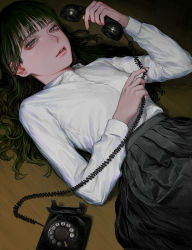 Rule 34 | 1girl, absurdres, antique phone, black skirt, blunt bangs, breasts, collared shirt, commentary request, dark background, dark green hair, dial, green hair, grey eyes, highres, holding, holding phone, lips, long hair, long sleeves, looking at viewer, lying, on back, original, parted lips, phone, pleated skirt, rotary phone, shirt, shirt tucked in, skirt, small breasts, solo, tayumeru, uniform, white shirt