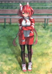 Rule 34 | 1girl, animal ears, blurry, blurry background, closed mouth, commentary request, fence, full body, grass, green eyes, hair between eyes, hair ornament, highres, horse ears, horse girl, horse tail, jacket, long hair, looking at viewer, low twintails, noshiro pixv, pantyhose, pout, red hair, shoes, shorts, solo, standing, tail, track jacket, twintails, umamusume, win variation (umamusume)
