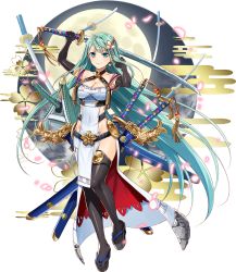 Rule 34 | 1girl, absurdly long hair, ahoge, black gloves, black thighhighs, blue eyes, blush, breasts, cleavage, earrings, elbow gloves, full body, gloves, green hair, heart, heart earrings, holding, holding sword, holding weapon, jewelry, large breasts, long hair, looking at viewer, murakami yuichi, official art, oshiro project:re, oshiro project:re, platform footwear, sheath, sheathed, smile, solo, sword, thighhighs, tokugawa osaka (oshiro project), transparent background, very long hair, weapon