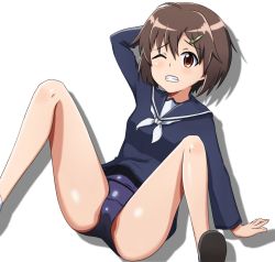 Rule 34 | 10s, ahoge, artist request, blush, brave witches, brown eyes, brown hair, clenched teeth, dress, hair ornament, hairclip, karibuchi hikari, school swimsuit, school uniform, shoes, short hair, simple background, sitting, spread legs, swimsuit, swimsuit under clothes, teeth, wince, world witches series