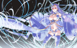 Rule 34 | 00s, 10s, 1girl, breasts, cleavage, female focus, gradient background, holding, holding weapon, horns, lance, large breasts, long hair, looking at viewer, navel, polearm, red eyes, riela marcellis, senjou no valkyria, senjou no valkyria (series), senjou no valkyria 3, shield, silver hair, single horn, solo, thighhighs, traze, weapon, white thighhighs
