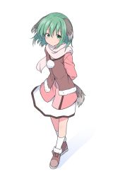 Rule 34 | 1girl, animal ears, arms behind back, brown vest, closed mouth, dog ears, dog tail, full body, fur trim, green eyes, green hair, highres, jacket, kasodani kyouko, kazawa (tonzura-d), looking at viewer, pink jacket, pom pom (clothes), scarf, short hair, simple background, skirt, smile, solo, standing, tail, touhou, vest, white background, white legwear, white scarf, white skirt, winter clothes