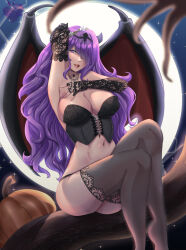 Rule 34 | 1girl, armpits, black corset, black thighhighs, blush, breasts, bridal gauntlets, camilla (fire emblem), cleavage, commentary, corset, cross-laced clothes, cross-laced corset, demon girl, demon wings, english commentary, female focus, fire emblem, fire emblem fates, full-face blush, hair over one eye, halloween, halloween costume, highres, horns, large breasts, long hair, matching hair/eyes, moon, navel, night, night sky, nintendo, no shoes, presenting armpit, pumpkin, purple eyes, purple hair, red lips, rinku bny, sitting, sitting on branch, sky, solo, star (sky), thighhighs, tiara, wings