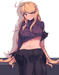 Rule 34 | 1girl, absurdres, alma armas, black gloves, black pants, blonde hair, blush, breasts, closed mouth, clothes lift, clothes pull, crossover, dark-skinned female, dark skin, feet out of frame, girls&#039; frontline, gloves, guest character, guest fighter, highres, kaicchi, large breasts, long hair, looking at viewer, navel, no bra, pants, pantyhose, pantyhose pull, purple sweater, sitting, smile, solo, sweater, sweater lift, va-11 hall-a, white background, yellow eyes