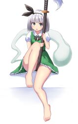 Rule 34 | 1girl, absurdres, bare legs, barefoot, black bow, black hairband, black ribbon, blunt bangs, blush, bow, collared shirt, commentary request, covering privates, covering crotch, dress, eyebrows hidden by hair, feet, frilled dress, frills, full body, green dress, green eyes, grey hair, hair ribbon, hairband, highres, holding, holding sword, holding weapon, kajitsu no hito, katana, knee up, konpaku youmu, konpaku youmu (ghost), legs, looking at viewer, nail polish, open mouth, puffy short sleeves, puffy sleeves, ribbon, shirt, short dress, short hair, short sleeves, sitting, solo, sword, thighs, toenail polish, toenails, toes, touhou, upturned eyes, v-shaped eyebrows, weapon, white shirt