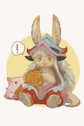 Rule 34 | !, 1other, :3, androgynous, animal ears, body fur, brown fur, chinese commentary, colored eyelashes, commentary request, eating, fangs, food, food on face, full body, furry, green eyes, grey hair, helmet, highres, holding, holding food, horizontal pupils, made in abyss, mitty (made in abyss), miumiuouo, mooncake, multicolored pants, nanachi (made in abyss), open mouth, pants, pelt, pouch, rabbit ears, short hair with long locks, sitting, spoken exclamation mark, tail, two-tone background, whiskers, white background, yellow background