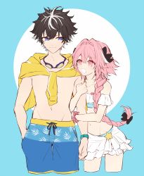 Rule 34 | 10s, 2boys, aqua background, arm hug, astolfo (fate), astolfo (sparkling frills) (fate), bikini, bikini skirt, black bow, black hair, black ribbon, blue background, blue eyes, blue male swimwear, blue swim trunks, bow, braid, charlemagne (fate), commentary request, cowboy shot, drawstring, fang, fate/apocrypha, fate/extella, fate/extella link, fate/extra, fate/grand order, fate (series), flat color, goggles, goggles around neck, hair bow, hair intakes, hair ribbon, hand in pocket, highres, holding own arm, kan&#039;yu (citron 82), leaf print, long braid, long hair, looking at another, male focus, male swimwear, multicolored hair, multiple boys, off-shoulder bikini, off shoulder, official alternate costume, open mouth, pink eyes, pink hair, pink ribbon, print male swimwear, print swim trunks, print swimsuit, ribbon, shirt on shoulders, simple background, single braid, sketch, smile, star (symbol), streaked hair, striped bikini, striped clothes, swim trunks, swimsuit, trap, two-tone hair, very long hair, white hair, wrist ribbon