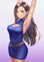 Rule 34 | 1girl, absurdres, anbe yoshirou, armlet, armpits, arms up, blue dress, breasts, brown eyes, brown hair, cleavage, cleavage cutout, closed mouth, clothing cutout, dress, earrings, final fantasy, final fantasy vii, gradient background, highres, hoop earrings, jewelry, lips, long hair, looking at viewer, medium breasts, parted bangs, shiny skin, short dress, simple background, sleeveless, smile, solo, tifa lockhart, wall market