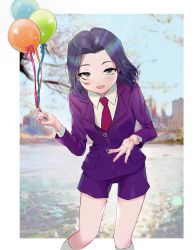 Rule 34 | 1girl, absurdres, black eyes, black hair, blurry, blurry background, branch, collared shirt, corette, flat chest, highres, jacket, kujou subaru, leaning forward, necktie, open mouth, parted hair, photo background, purple jacket, purple shorts, red necktie, sakura taisen, sakura taisen v, shirt, shorts, smile, solo, white shirt