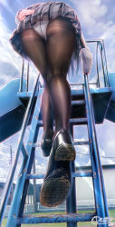 Rule 34 | 1girl, ass, climbing ladder, cloud, cloudy sky, covering ass, covering privates, diamond plate, from below, high heels, kneepits, ladder, ladle, long hair, long sleeves, original, panties, panties under pantyhose, pantyhose, plaid, plaid skirt, playground, railing, school uniform, shoe soles, shoes, signature, skirt, sky, sleeves past wrists, slide, solo, thighband pantyhose, underwear, unohana pochiko, upskirt, white panties