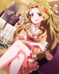 Rule 34 | 10s, 1girl, blush, brown hair, crossed arms, glass, green eyes, idolmaster, idolmaster million live!, jewelry, crossed legs, long hair, looking at viewer, necklace, nikaidou chizuru, official art, ponytail, sitting, wavy mouth