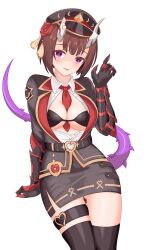 Rule 34 | + +, 1girl, absurdres, arm guards, armor, belt, between breasts, black armor, black belt, black bra, black gloves, black hat, black jacket, black skirt, black thighhighs, blush, bra, breasts, broken horn, brown hair, cleavage, demon girl, demon horns, eriko (commander) (princess connect!), eriko (princess connect!), flower, gloves, gluteal fold, hair flower, hair ornament, hand rest, hand up, hat, heart belt, highres, horns, index finger raised, invisible chair, jacket, large breasts, looking at viewer, military hat, miniskirt, necktie, necktie between breasts, official alternate costume, partially unbuttoned, pencil skirt, princess connect!, purple eyes, red flower, red rose, rose, shirt, short hair, side slit, simple background, sitting, skirt, solo, spiked tail, tail, thigh strap, thighhighs, underwear, white background, white shirt, winterline