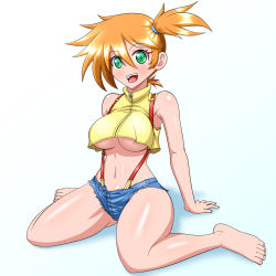 Rule 34 | 1girl, barefoot, breasts, creatures (company), full body, game freak, green eyes, gym leader, highres, large breasts, looking at viewer, midriff, misty (pokemon), navel, nintendo, open mouth, orange hair, pokemon, pokemon: the electric tale of pikachu, short hair, shorts, side ponytail, simple background, sitting, smile, solo, suspenders, underboob, yensh