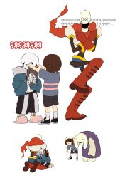 Rule 34 | 1girl, 2boys, androgynous, bad id, bad twitter id, bent over, bowing, clothes lift, frisk (undertale), furry, gameplay mechanics, highres, hood, hoodie, horns, korean text, monster boy, monster girl, multiple boys, multiple girls, papyrus (undertale), red890529, redlhzz, ribs, ruined for marriage, sans (undertale), scarf, shirt, shirt lift, simple background, skeleton, striped clothes, striped shirt, sweat, toriel, undertale, white background
