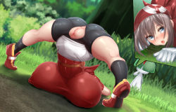 Rule 34 | 1girl, anus, ass, bandana, bike shorts, blue eyes, blush, breasts, brown hair, cleft of venus, close-up, covered erect nipples, creatures (company), crotchless, curvy, forest, game freak, gen 3 pokemon, gloves, grass, huge breasts, jack-o&#039; challenge, kawahagitei, may (pokemon), nature, nintendo, outdoors, pokemon, pokemon (creature), pokemon rse, pussy, ralts, shiny clothes, shiny skin, spandex, spread legs, thick thighs, thighs, torn clothes, tree, uncensored, white gloves, wide hips