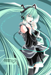 Rule 34 | 10s, 1girl, 2010, aqua eyes, aqua hair, black thighhighs, character name, dated, detached sleeves, dreamlight2000, hair ornament, hair over one eye, hatsune miku, highres, long hair, microphone, open mouth, skirt, solo, thighhighs, twintails, very long hair, vocaloid