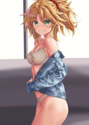 Rule 34 | 1girl, absurdres, alternate costume, bad id, bad pixiv id, bare shoulders, beige bra, beige panties, blonde hair, blue jacket, blush, braid, breasts, collarbone, commentary request, denim, denim jacket, fate/grand order, fate (series), from side, green eyes, grin, hamstarhand, highres, jacket, long hair, long sleeves, looking at viewer, medium breasts, mordred (fate), mordred (fate/apocrypha), open clothes, open jacket, panties, ponytail, red scrunchie, scrunchie, smile, solo, underwear