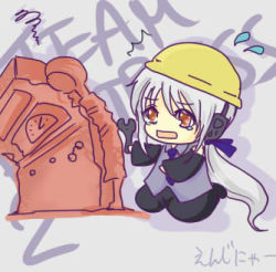 Rule 34 | 1girl, chibi, crossover, detached sleeves, engineer (tf2), hard hat, helmet, long hair, lowres, naa (vitamin), necktie, parody, red eyes, silver hair, solo, team fortress 2, very long hair, vitamin, vocaloid, wrench, yowane haku