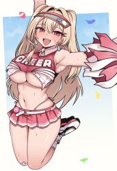 1girl :d blonde_hair blush breasts cheerleader clay_(nikke) crop_top goddess_of_victory:_nikke hair_intakes hair_ornament hairclip highres holding hollyeung jumping large_breasts long_hair looking_at_viewer midriff navel open_mouth pink_eyes pom_pom_(cheerleading) red_shirt red_skirt shirt skirt smile solo sweat twintails two-tone_shirt two-tone_skirt underboob visor_cap