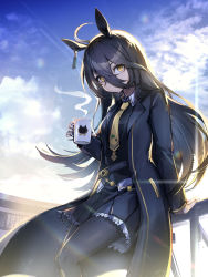 Rule 34 | 1girl, absurdres, ahoge, animal ears, arm support, black coat, black hair, black pantyhose, black shirt, black skirt, cloud, coat, coffee mug, collared shirt, commentary request, cup, day, ear tag, feet out of frame, hair between eyes, highres, holding, holding cup, horse ears, horse girl, huge filesize, kagerou (gigayasoma), long hair, long sleeves, looking at viewer, manhattan cafe (umamusume), miniskirt, mug, necktie, pantyhose, shirt, skirt, sky, solo, steam, trench coat, umamusume, very long hair, yellow eyes, yellow necktie