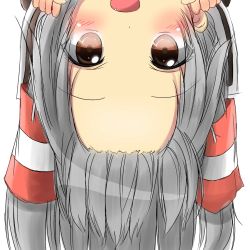 Rule 34 | 10s, 1girl, amatsukaze (kancolle), blush, brown eyes, fang, forehead, hairline, highres, kantai collection, long hair, looking at viewer, open mouth, pentagon (railgun ky1206), silver hair, solo, twintails, two side up, upside-down