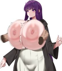 Rule 34 | 1boy, 1girl, absurdres, breasts, breasts out, breasts squeezed together, disembodied hand, fern (sousou no frieren), gigantic breasts, grabbing, grabbing another&#039;s breast, highres, huge areolae, huge breasts, large areolae, nipples, puffy nipples, purple hair, sousou no frieren, tiger drop
