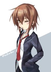 Rule 34 | 1girl, black jacket, black skirt, blazer, brown eyes, brown hair, candy, character name, commentary request, cowboy shot, food, grey background, hand in pocket, highres, jacket, kantai collection, lollipop, looking at viewer, minosu, mouth hold, necktie, one eye closed, pleated skirt, red necktie, school uniform, short hair, skirt, solo, two-tone background, wakaba (kancolle), white background