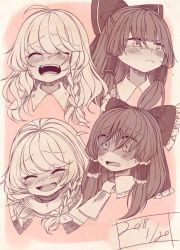 Rule 34 | 2girls, blush, bow, closed mouth, collar, commentary request, crying, dated, embarrassed, closed eyes, hair bow, hair ribbon, hair tubes, hakurei reimu, highres, iiha toobu, kirisame marisa, laughing, looking away, medium hair, monochrome, multiple girls, multiple persona, open mouth, ribbon, tears, touhou, upper body