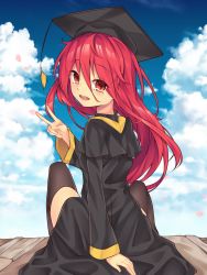 Rule 34 | 1girl, :d, absurdres, ai cao, black dress, black hat, blue sky, blush, brown thighhighs, cloud, cloudy sky, commentary, day, dress, english commentary, eyes visible through hair, graduation, hair between eyes, hat, highres, long sleeves, looking at viewer, looking back, mortarboard, open mouth, outdoors, petals, red eyes, red hair, shakugan no shana, shana, sitting, skindentation, sky, smile, solo, teeth, thighhighs, upper teeth only