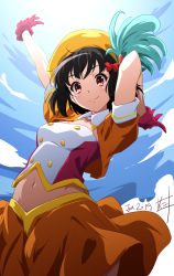 Rule 34 | 1girl, arms up, black hair, blue skirt, blush, bow, breasts, closed mouth, cowboy shot, dated, day, detached collar, from below, gekijouban hibike! euphonium, gloves, hair bow, hat, hat feather, hibike! euphonium, highres, hisaishi kanade, looking at viewer, looking down, medium breasts, midriff, navel, nii manabu, open clothes, open vest, orange skirt, orange vest, outdoors, pink gloves, red bow, red eyes, short hair, short sleeves, signature, skirt, smile, solo, tareme, vest, wing collar, yellow hat