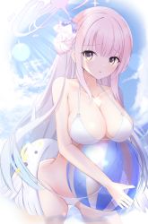 Rule 34 | 1girl, ball, beachball, bikini, blue archive, breasts, cleavage, collarbone, commentary request, feathers, halo, highres, large breasts, long hair, looking at viewer, maddo (gasser 0518), mika (blue archive), navel, pink hair, sky, solo, swimsuit, wings, yellow eyes