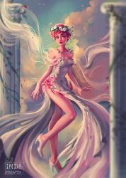 Rule 34 | 1girl, absurdres, artist name, blurry, blurry foreground, cloud, colored skin, commentary, dress, english commentary, freckles, full body, head wreath, high heels, highres, indicreates, lore olympus, outdoors, persephone (lore olympus), pink eyes, pink hair, pink skin, short hair, solo, white dress