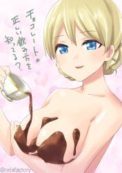 Rule 34 | 1girl, blonde hair, blue eyes, braid, breast hold, breasts, chocolate syrup, commentary, cup, darjeeling (girls und panzer), girls und panzer, holding, holding cup, looking at viewer, medium breasts, nude, open mouth, pouring, pouring onto self, relafactory, short hair, smile, solo, teacup, translated, twin braids, twitter username, upper body, valentine