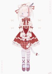 Rule 34 | 1girl, animal ears, asymmetrical legwear, bag, blue eyes, bow, bowtie, buttons, cat ears, cat girl, cat tail, charm (object), closed mouth, cross-laced clothes, cross-laced dress, dress, frilled dress, frilled shirt collar, frilled socks, frills, full body, gingham, gingham bow, hair ribbon, hairband, handbag, highres, holding, holding bag, kneehighs, knife in head, lolita fashion, lolita hairband, long sleeves, looking at viewer, mismatched legwear, multicolored hair, object through head, original, outo eguchi, pink thighhighs, red bow, red bowtie, red dress, red footwear, red ribbon, ribbon, shoes, short hair, signature, simple background, single kneehigh, single sock, single thighhigh, socks, solo, standing, streaked hair, striped clothes, striped thighhighs, sweat, tail, tail bow, tail ornament, thighhighs, twitter username, white background, white hair, white sleeves, white socks