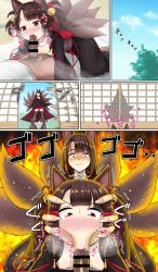 Rule 34 | 1boy, 2girls, :&gt;=, aged down, akagi-chan (azur lane), akagi (azur lane), animal ears, azur lane, bar censor, bell, blush, breasts, brown hair, censored, comic, commentary request, fellatio, fox ears, fox tail, futon, hair bell, hair ornament, heavy breathing, hetero, japanese clothes, jingle bell, long hair, long sleeves, lying, male pubic hair, maru mie, multiple girls, multiple tails, multiple views, nipples, nose blush, on back, oral, penis, pleated skirt, pubic hair, red eyes, shaded face, shiny skin, skirt, small breasts, sweat, tail, tatami, thighhighs, twintails, veins, veiny penis, wide sleeves