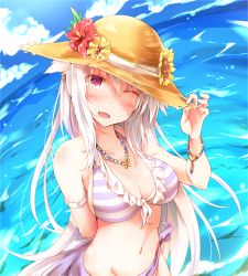 Rule 34 | 1girl, ;d, bare shoulders, bikini, blue sky, blush, bracelet, cloud, commentary request, day, fang, flower, front-tie bikini top, front-tie top, hair between eyes, hand on headwear, hand up, hat, hat flower, head tilt, horizon, jewelry, long hair, looking at viewer, navel, necklace, ocean, one eye closed, open mouth, original, outdoors, purple sarong, red eyes, red flower, rinrin (927413), sarong, silver hair, sky, smile, solo, straw hat, striped bikini, striped clothes, swimsuit, very long hair, water, yellow flower