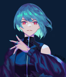 Rule 34 | 1girl, black jacket, black vest, blue background, blue hair, blue nails, chinese commentary, commentary request, copyright request, dated, guyijun, hand up, highres, jacket, jewelry, looking at viewer, multiple rings, nail polish, off shoulder, parted lips, red eyes, ring, short hair, simple background, smile, solo, upper body, vest, zipper, zipper pull tab