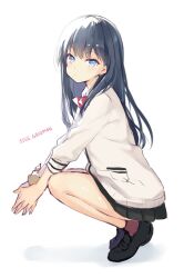 Rule 34 | 1girl, black footwear, black hair, black skirt, blue eyes, bow, cardigan, closed mouth, commentary request, copyright name, expressionless, eyelashes, from side, full body, gridman universe, hair between eyes, highres, humuyun, light blush, long hair, looking at viewer, miniskirt, open cardigan, open clothes, own hands together, pleated skirt, red bow, shiny skin, simple background, skirt, solo, squatting, ssss.gridman, steepled fingers, straight hair, takarada rikka, tiptoes, v arms, white background, white cardigan
