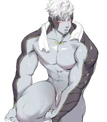 Rule 34 | 1boy, absurdres, bara, blush, colored skin, completely nude, flaccid, grey skin, highres, houhou1998117, lanz (xenoblade), large pectorals, looking at viewer, male focus, male underwear, male underwear pull, muscular, muscular male, nude, pectorals, penis, short hair, simple background, solo, towel, towel around neck, underwear, undressing, white background, white hair, white male underwear, xenoblade chronicles (series), xenoblade chronicles 3